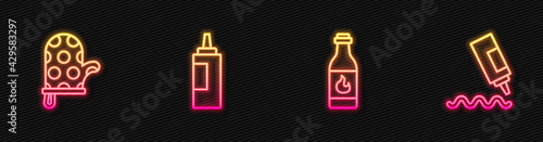 Set line Tabasco sauce, Oven glove, Sauce bottle and . Glowing neon icon. Vector