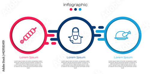 Set line Grilled shish kebab, Kitchen apron and Roasted turkey or chicken. Business infographic template. Vector