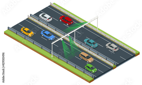 SPECS, average speed measuring speed camera system. Average speed cameras on freeway. SPECS cameras operate as sets of two or more cameras installed along a fixed route Section Control