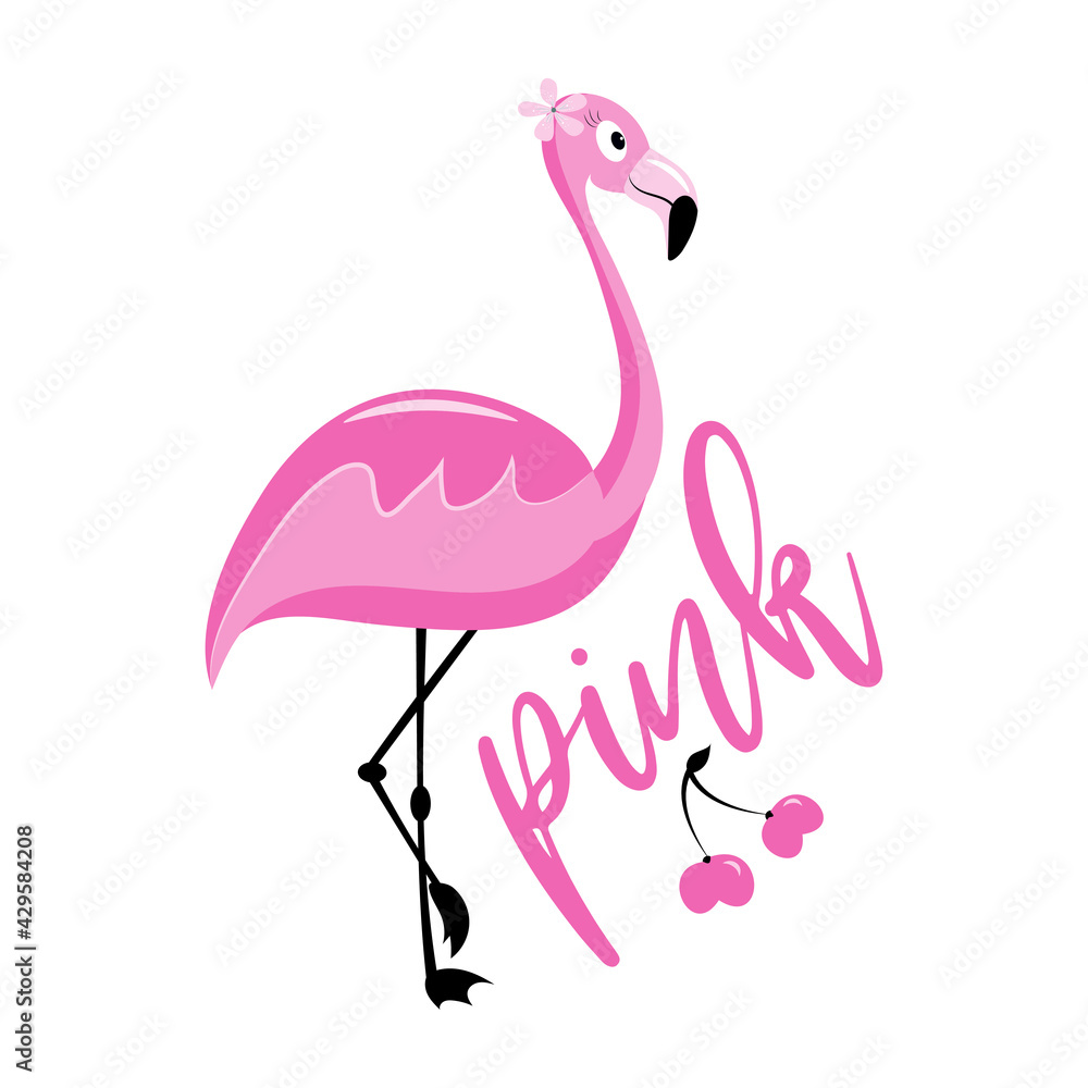 Fototapeta Pink - Funny flamingo with cherry. Isolated on white background. Good for T shirt print, poster, card, travel set , sticker and other gift design.
