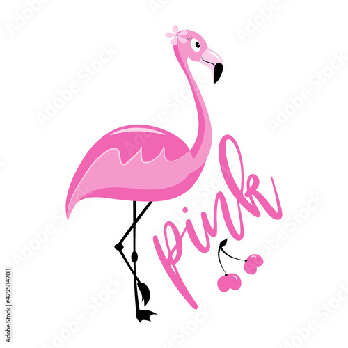 Pink - Funny flamingo with cherry.  Isolated on white background. Good for T shirt print, poster, card, travel set , sticker and other gift design.