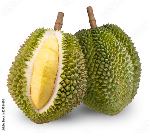 Fresh durian with leaf isolated on white background, Durian fruit isolated on white background With clipping path photo