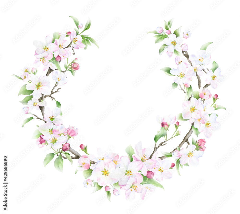Floral spring frame of the blooming apple branches with the pink flowers and green leaves hand drawn in watercolor isolated on a white background. Floral watercolor illustration.