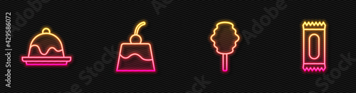 Set line Cotton candy, Cake, Pudding custard and Candy. Glowing neon icon. Vector