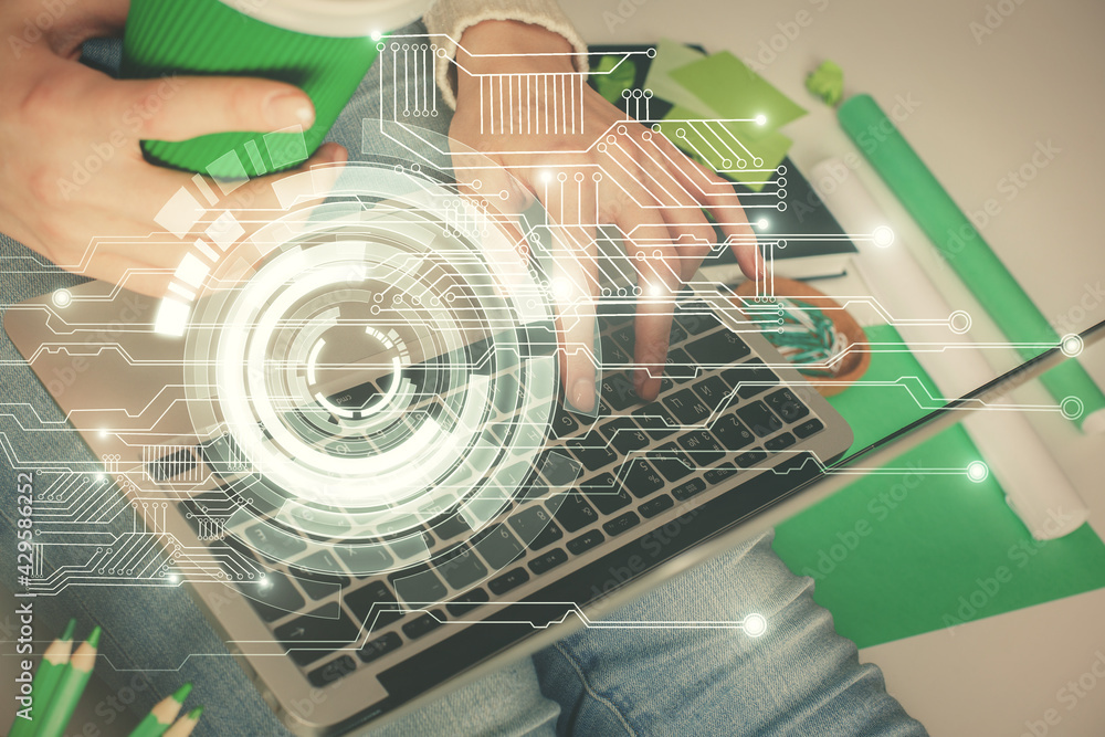 Double exposure of woman hands working on computer and data theme hologram drawing. Tech concept. Double exposure of woman hands working on computer and data theme hologram drawing. Tech concept.