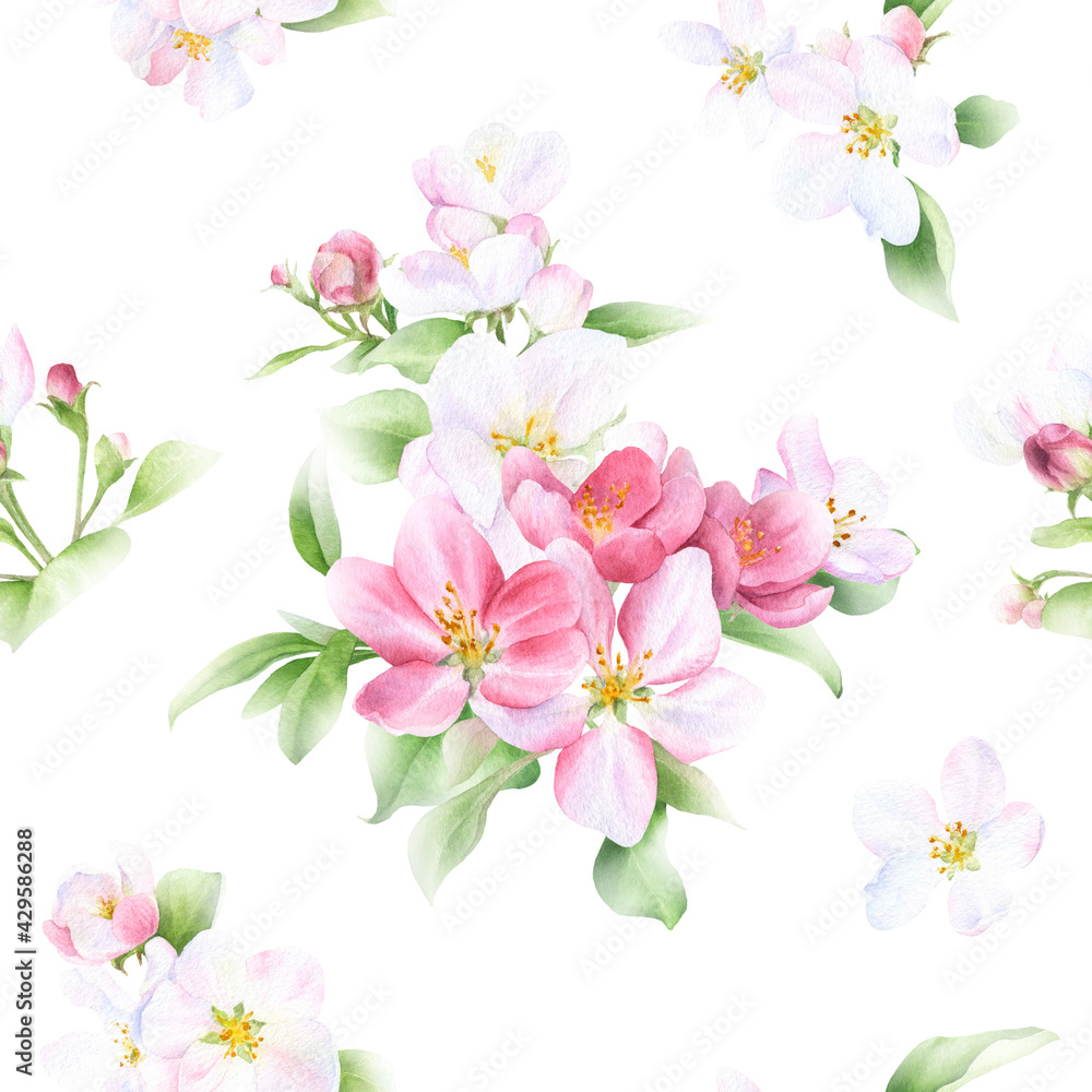 Fototapeta premium Picturesque seamless floral pattern of the apple blossom arrangements with flowers, leaves and buds hand drawn in watercolor isolated on a white background. Watercolor floral pattern. 