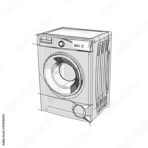 Technical drawing of a washing machine in an architectural style. Schematic vector illustration of a washer on white background