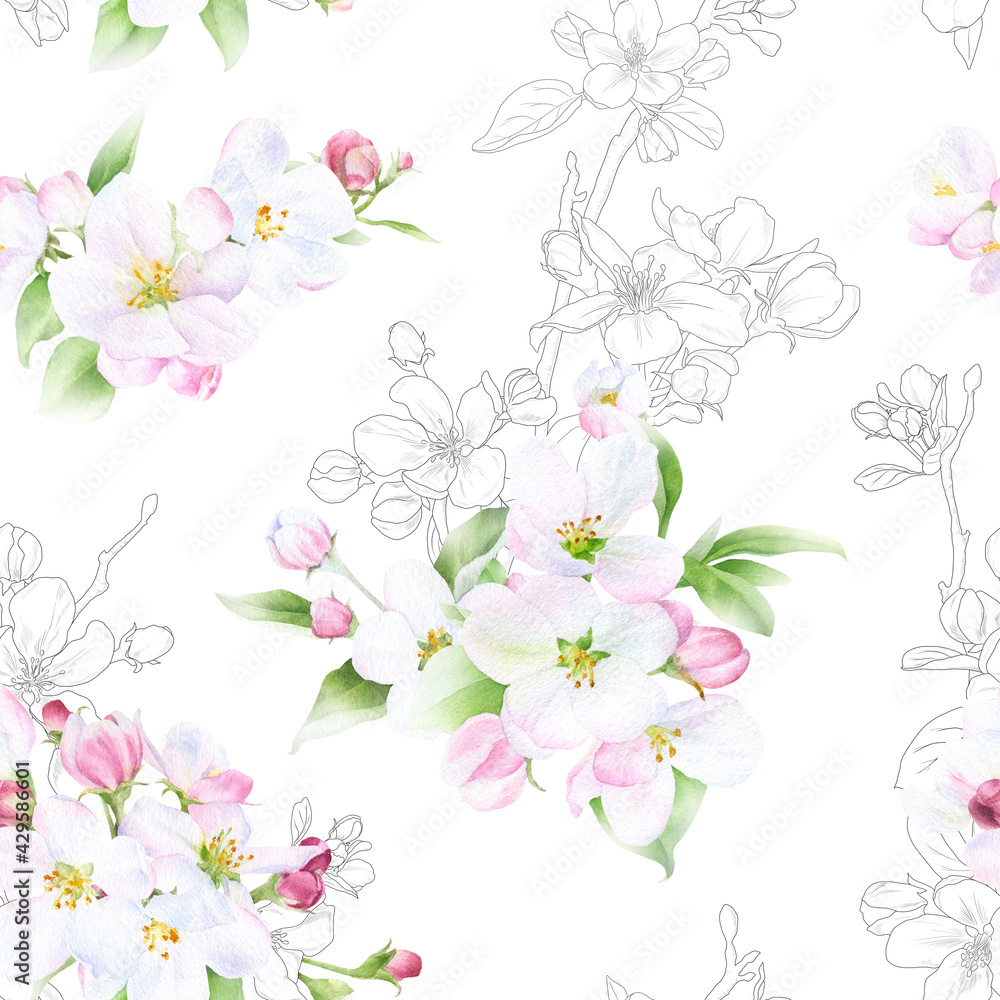 Picturesque seamless floral pattern of the apple flowers, green leaves and buds hand drawn in watercolor mixed with contour elements isolated on a white background.	
