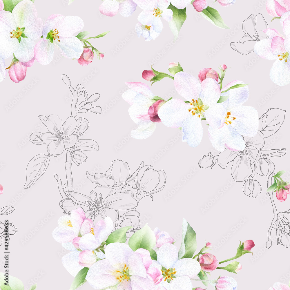 Picturesque seamless floral pattern of the apple flowers, green leaves and buds hand drawn in watercolor mixed with contour elements isolated on a light beige background.	
