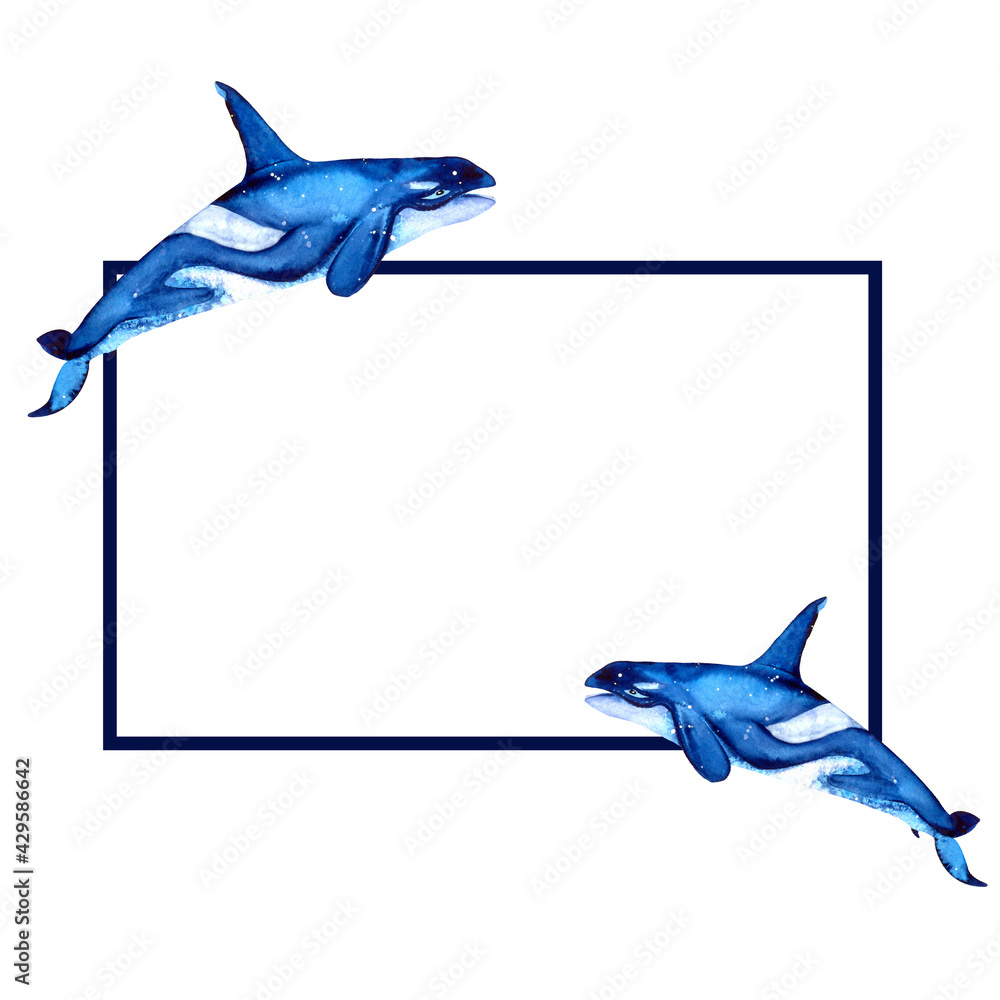 Fototapeta premium Blue shark and dolphin, watercolor hand drawn illustration. Rectangular frame Summer mood, sea, ocean.