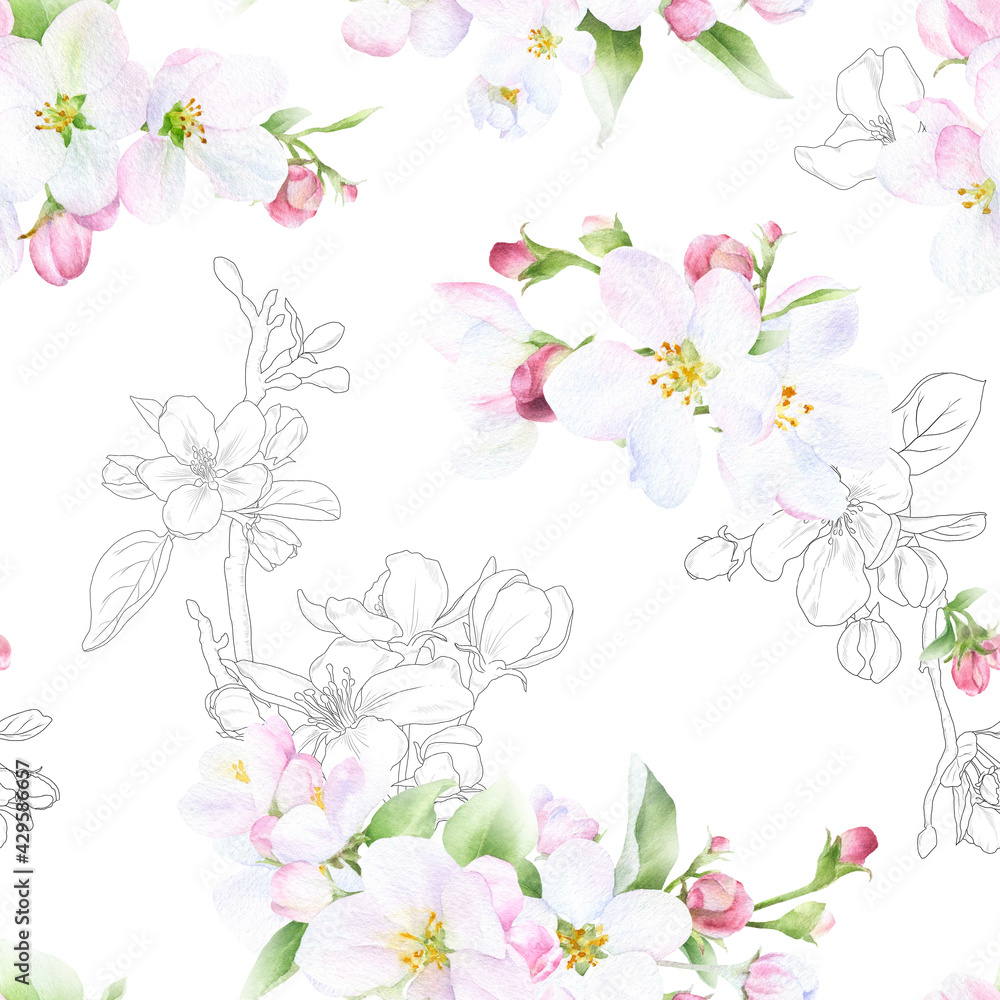 Picturesque seamless floral pattern of the apple flowers, green leaves and buds hand drawn in watercolor mixed with contour elements isolated on a white background.	
