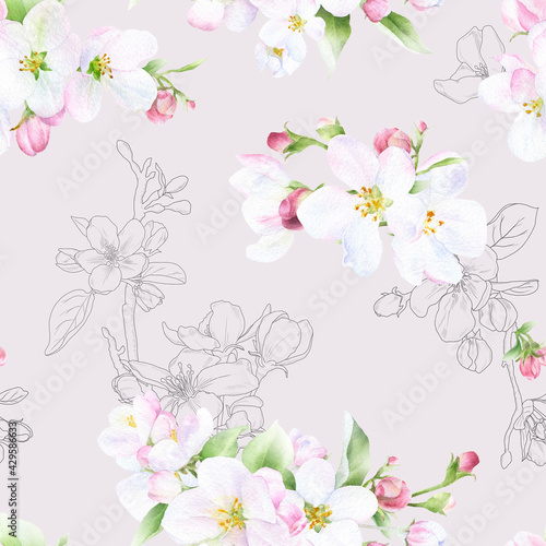Picturesque seamless floral pattern of the apple flowers, green leaves and buds hand drawn in watercolor mixed with contour elements isolated on a light beige background. 