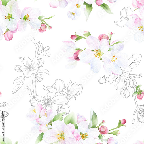 Picturesque seamless floral pattern of the apple flowers  green leaves and buds hand drawn in watercolor mixed with contour elements isolated on a white background.  