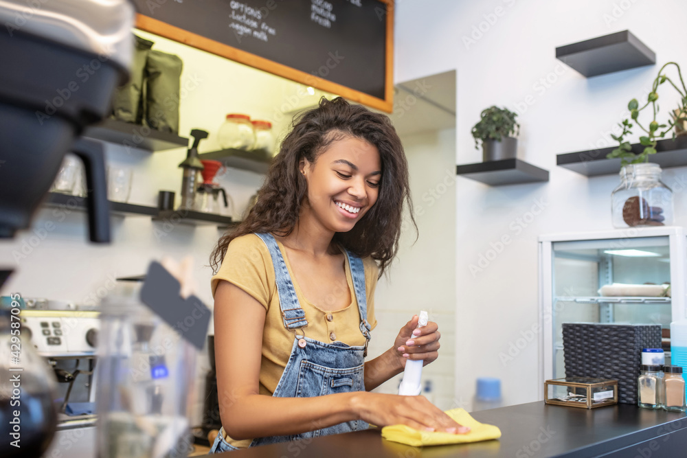 Involved laughing woman wiping the bar counter Involved laughing woman wiping the bar counter