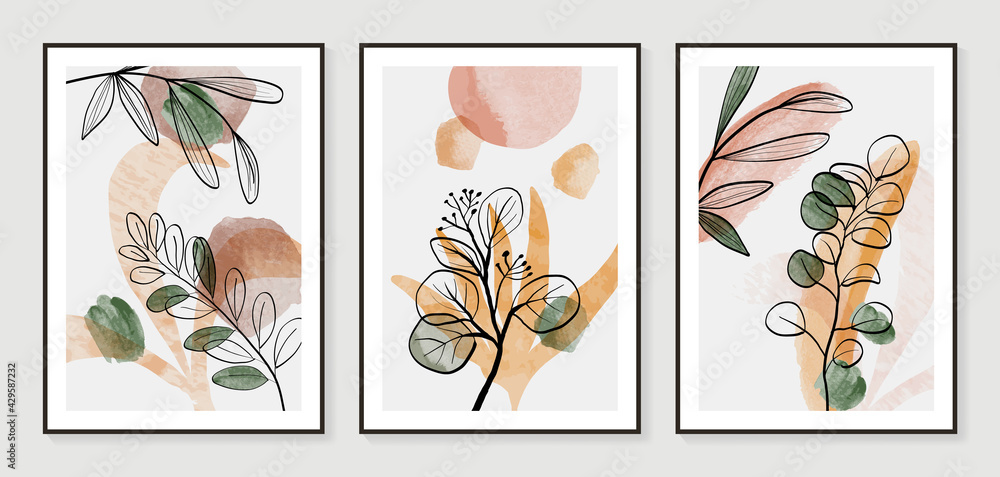 Botanical wall art vector set. Water color boho foliage line art drawing with  abstract shape.  Abstract Plant Art design for print, cover, wallpaper, Minimal and  natural wall art.