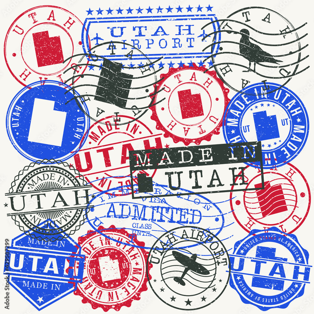 Utah, USA Set of Stamps. Travel Passport Stamps. Made In Product. Design Seals in Old Style Insignia. Icon Clip Art Vector Collection.