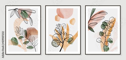 Botanical wall art vector set. Water color boho foliage line art drawing with  abstract shape.  Abstract Plant Art design for print, cover, wallpaper, Minimal and  natural wall art.