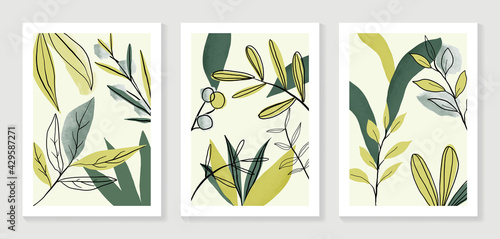 Botanical wall art vector set. Water color boho foliage line art drawing with  abstract shape.  Abstract Plant Art design for print, cover, wallpaper, Minimal and  natural wall art.