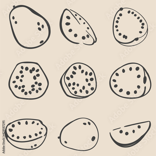 Collage of nine fruits. Set of hand drawn guava. Minimalist charcoal outlines. Isolated on beige. Illustrations for grocery stores, cover designs, interiors, advertisements, grocery stores, menus.