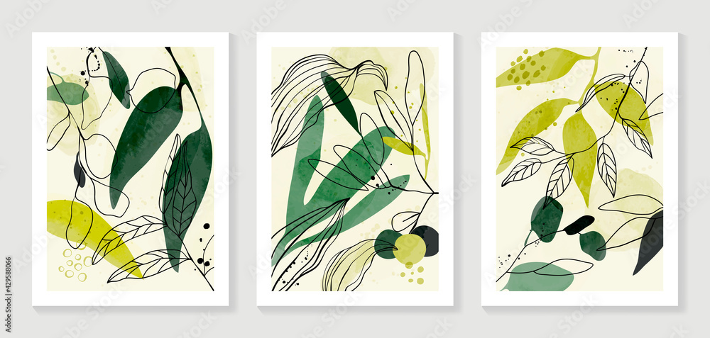 Botanical wall art vector set. Water color boho foliage line art ...