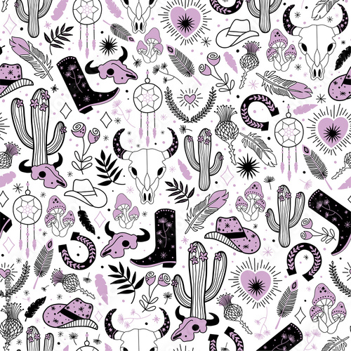 Cowgirl seamless vector pattern. Western rodeo boho repeating background black line art. Cowboy boots, cowgirl hat, cactus, dessert, skull bohemian feathers, plants, horseshoe isolated for fabric