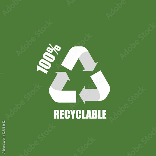100% recyclable simbol icon isolated vector illustration on green font. Cecycle logo for product which is 100% recyclable . 