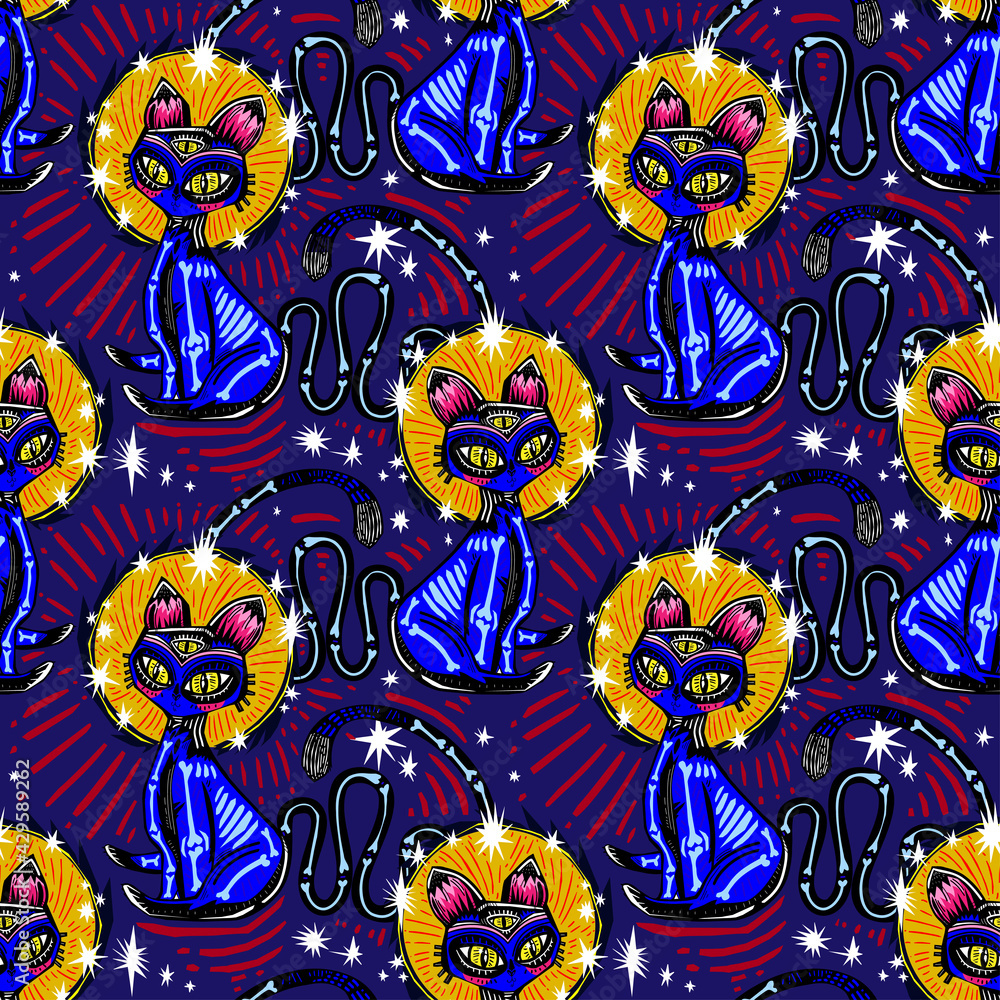 Fototapeta premium Magic folk contemporary style bone zombie three eye Cat demon seamless pattern. Retro modern kitty aesthetic background.