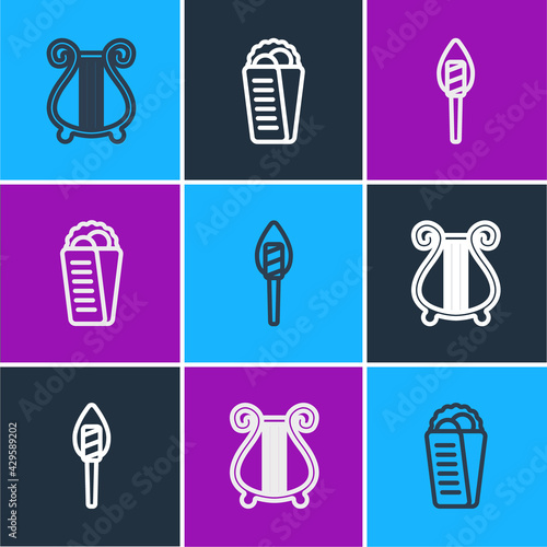 Set line Ancient lyre, Torch flame and Gyros Pita Greek icon. Vector