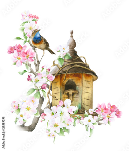Photo A bird house placed on a blooming apple branch and a bird hand drawn in watercolor isolated on a white background