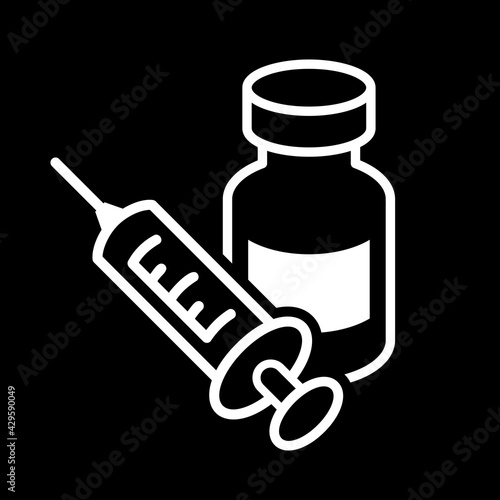 Vaccine Icon. Medical vial for injection and syringe  isolated on background. Concept for Medicine, COVID-19 Vaccination. Vector Illustration.