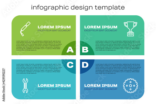 Set line Wrench spanner, Bicycle air pump, sprocket crank and Award cup with bicycle. Business infographic template. Vector