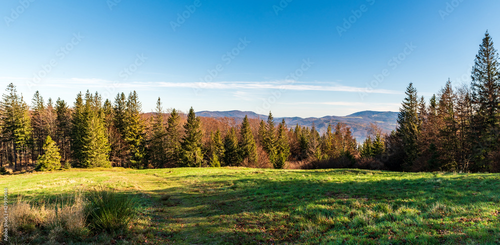 View from Mala Czantoria hill in autumn Beskid Slaski mountains in Poland