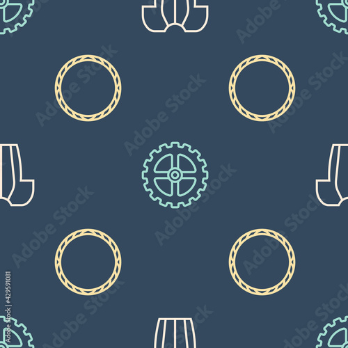 Set line Cycling t-shirt, Bicycle wheel and sprocket crank on seamless pattern. Vector