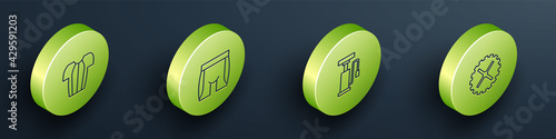 Set Isometric line Cycling t-shirt, shorts, Bicycle air pump and sprocket crank icon. Vector