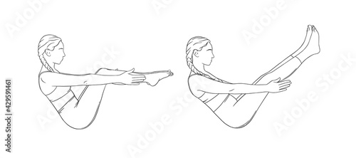 Boat pose variations for abs and balance. Navasana strengthing abs muscles. Sketch vector illustration