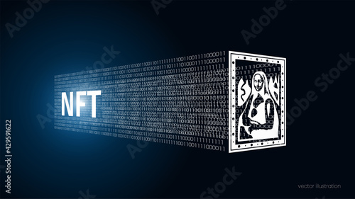 Concept of converting a work of art into a unique token. ART to NFT, non-fungible token. Painting is converted into a digital file. Innovation technology. Vector