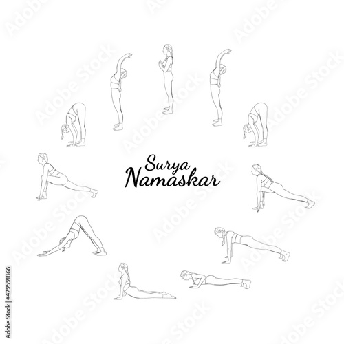 Yoga surya namaskar sequence. Sun salutating woman, morning yoga flow with all steps. Sketch vector illustration