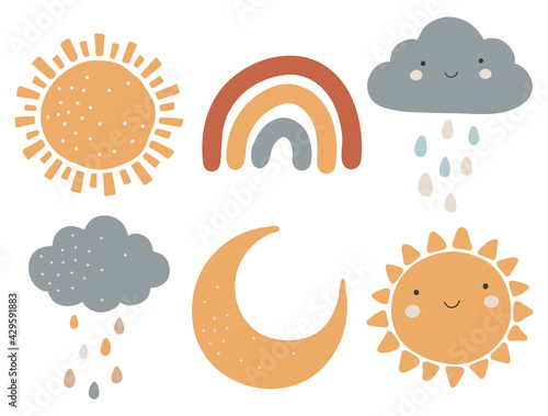 Boho baby elements, abstract sun, moon, rainbow and clouds, rain clouds, cute baby vector, boho kids print