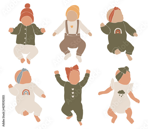 Fototapeta Naklejka Na Ścianę i Meble -  Abstract boho vector set, cute baby silhouette, baby boho portret, abstract silhouette baby girl, nursery vector, abstract kids illustration, boho child design