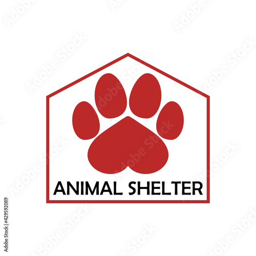 Shelter animal logo with dog pawprint and heart. Vector clipart and drawing. Isolated template and icon on white background. 