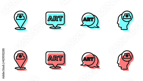 Set line Speech bubble with text art, Paint spray can, and Spray nozzle cap icon. Vector