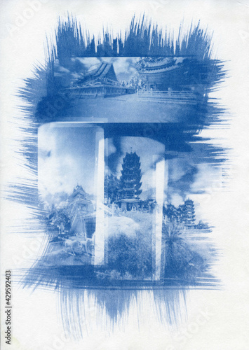 Scan of a unique cyanotype print depicting beautiful Thai temples.