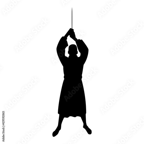 Silhouette man with sword machete cold weapons in hand military man soldier serviceman in various positions hunter with knife fight poses strong defender warrior concept weaponry standing black color