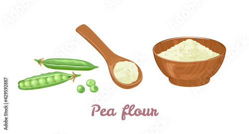 Pea flour in wooden bowl, spoon and green pods with beans isolated on white background. Vector illustration in cartoon flat style.