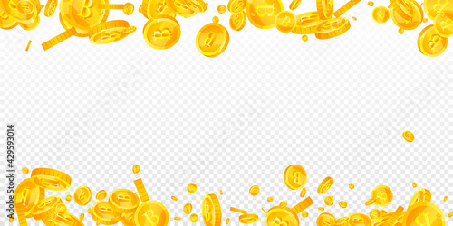 Bitcoin, internet currency coins falling. Fascinating scattered BTC coins. Cryptocurrency, digital money. Uncommon jackpot, wealth or success concept. Vector illustration.