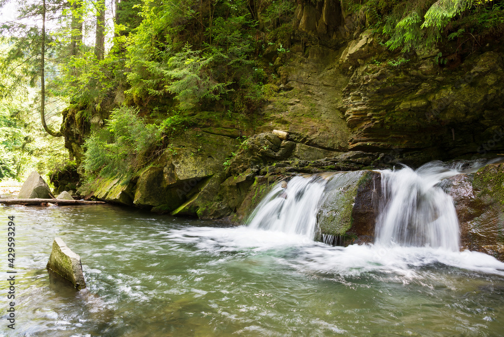 waterfall with a small lake in the sunny summer forest waterfall with a small lake in the sunny summer forest