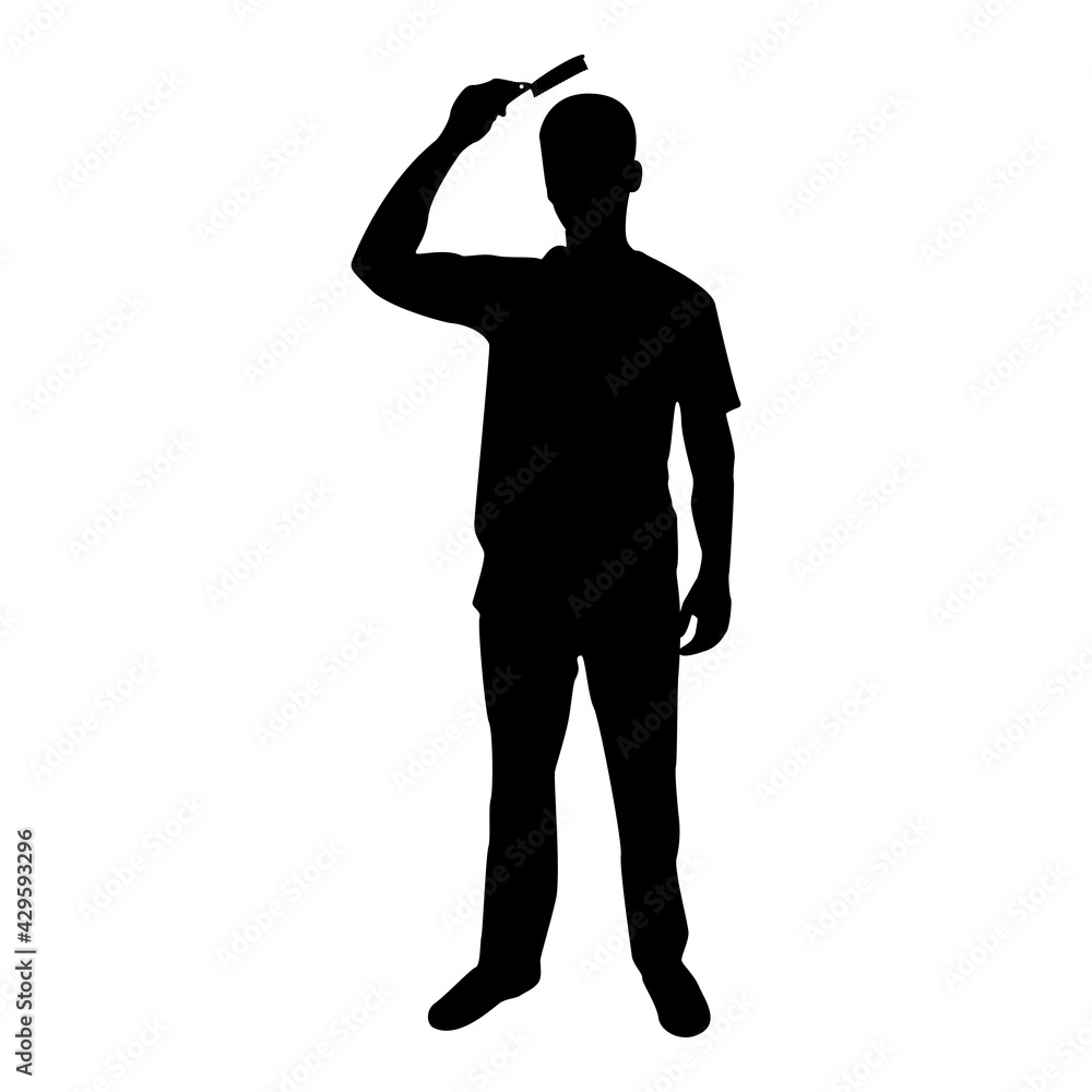 Silhouette man is combing hair use hairbrush front view black color vector illustration flat style simple image Silhouette man is combing hair use hairbrush front view black color vector illustration flat style simple image