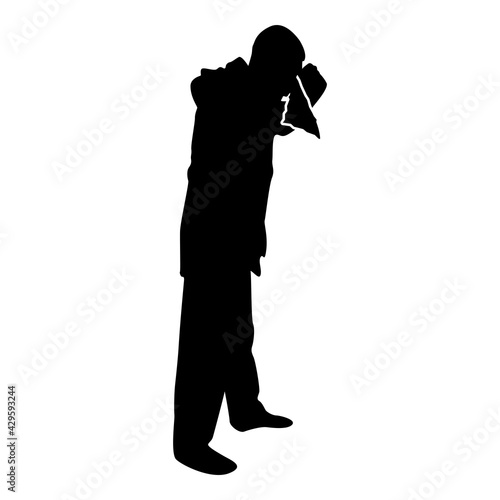 Silhouette man is blow one's nose into handkerchief tissue paper cough rhinitis allergies concept sneezing runny nose snot highlighted male smoky blowing orcue hay fever black color vector