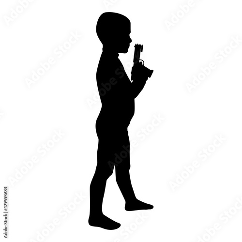 Silhouette boy holds toy gun child playing with pistol game childhood shooting weapon concept preschool cute little male playing criminal black color vector illustration flat style simple image