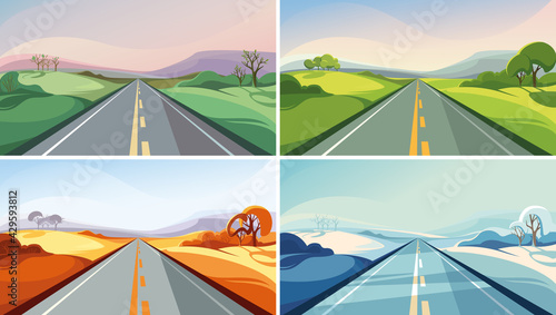 Road at different times of year. Beautiful outdoor scenes.